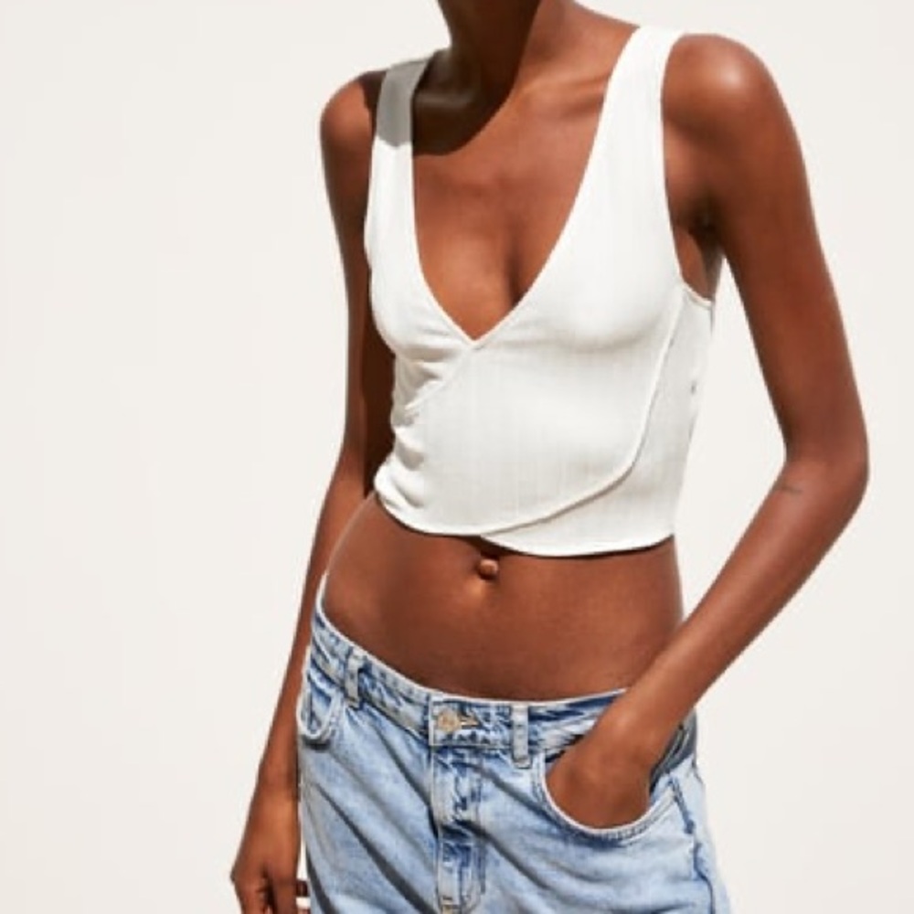 Zara White Textured Weave Cropped Top